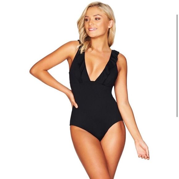 Sea Level Australia Ruffle One Piece Black Swimsuit Flattering Size 4/8 - Picture 2 of 7